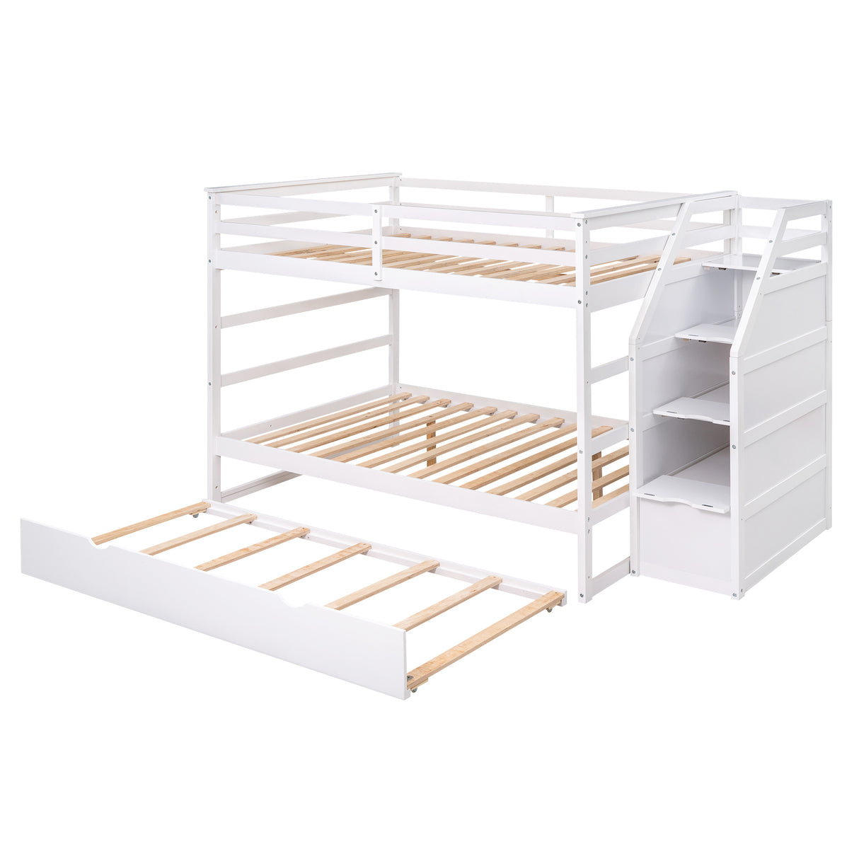 Full-over-Full Bunk Bed with Twin Size Trundle and 3 Storage Stairs,White - Home Elegance USA