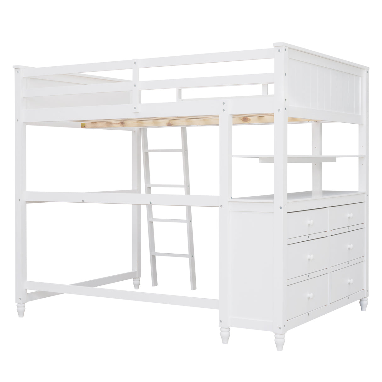 Full size Loft Bed with Drawers and Desk, Wooden Loft Bed with Shelves - White(OLD SKU:LT000529AAK) Home Elegance USA