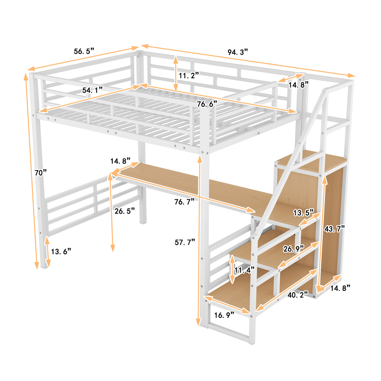Full Size Metal Loft Bed with Desk, Storage Staircase and Small Wardrobe, Storage stairs can be installed left and right, White - Home Elegance USA