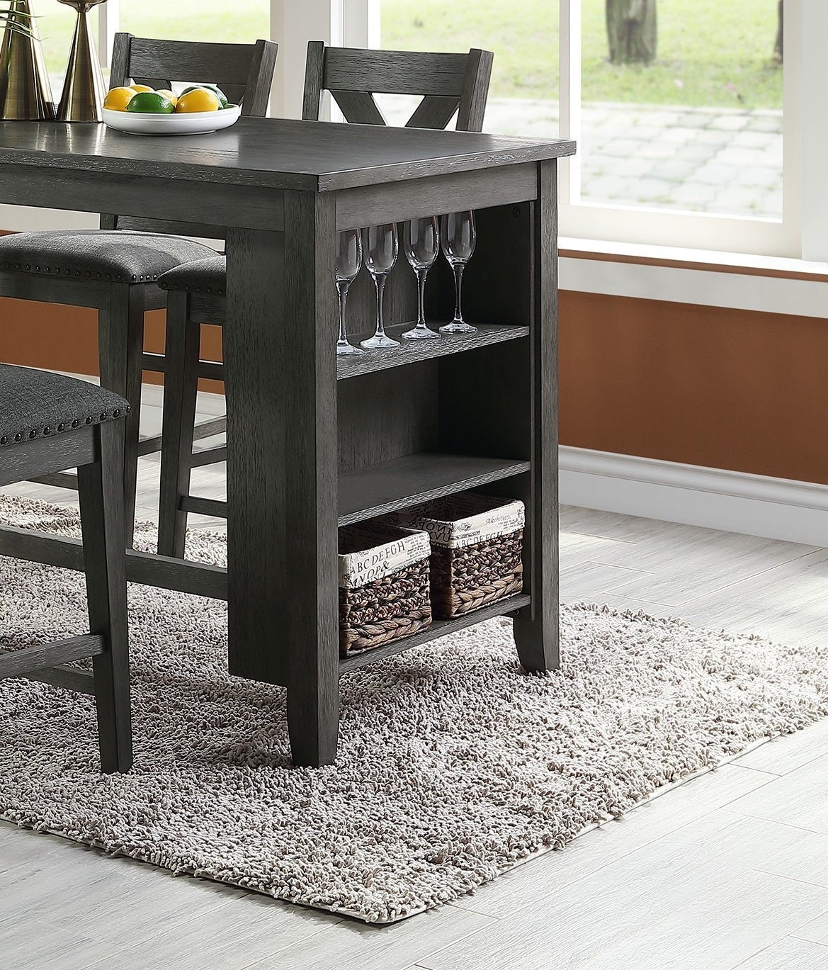 Modern Dark Brown Finish 5pc Counter Height High Dining Table w Storage Shelves 4x High Chairs Wooden Kitchen Breakfast Table Dining Room Furniture - Home Elegance USA