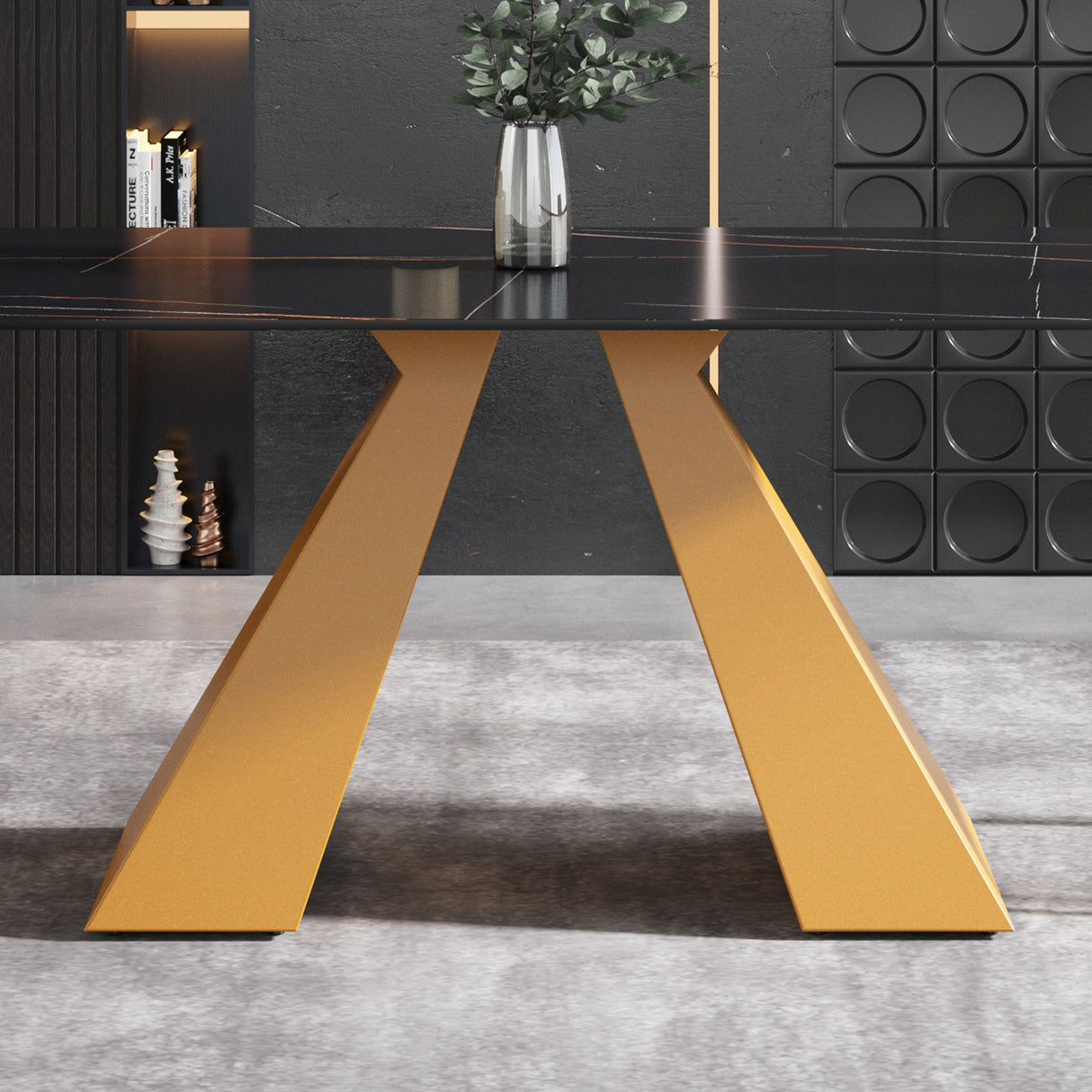 63"Modern artificial stone black straight edge golden metal leg dining table - 6 people - W1535S00070 - image - 6