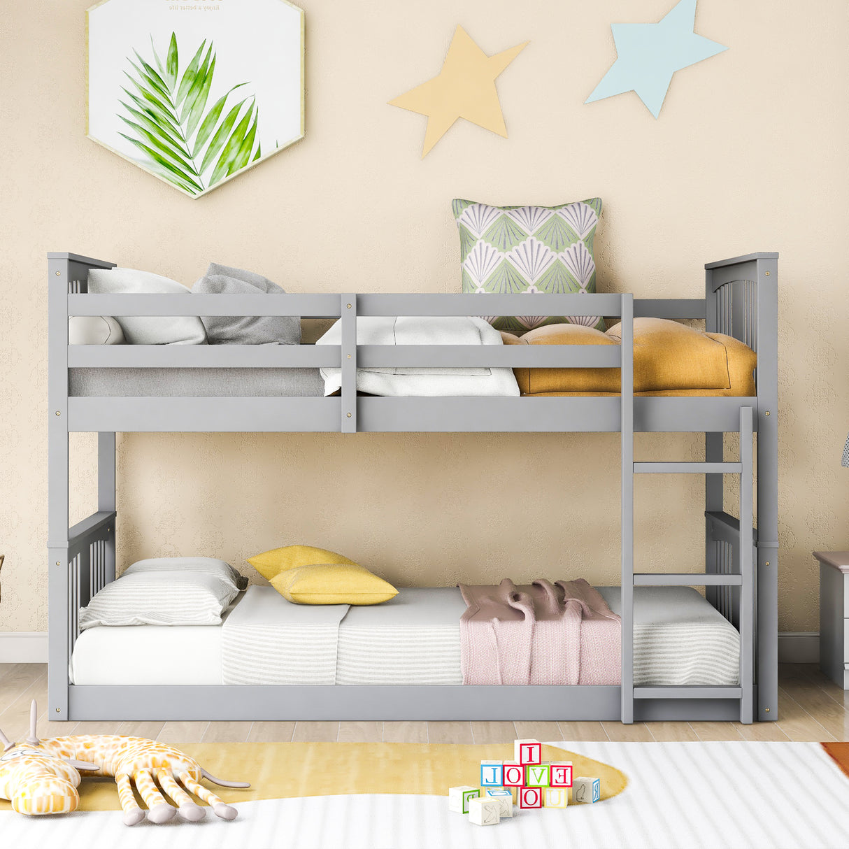 Twin Over Twin Bunk Bed with Ladder, Gray (Old SKU:LP000107AAE) - Home Elegance USA