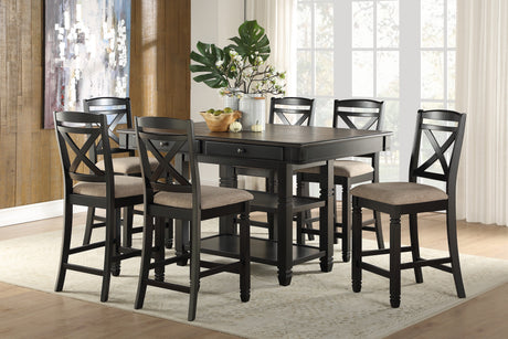 Transitional Style Counter Height Dining Set 7pc Table w Display Shelves Drawers and 6x Counter Height Chairs Black Finish Funiture - Home Elegance USA