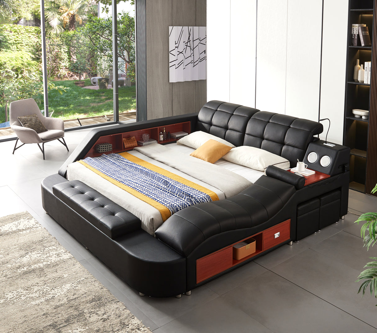 Multifunctional Upholstered Storage Bed Frame, Massage Chaise Lounge on Right ,Queen Size, Black - Home Elegance USA