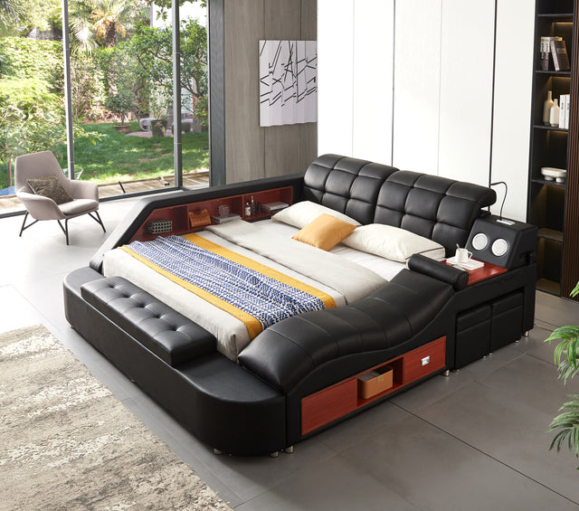 Multifunctional Upholstered Storage Bed Frame, Massage Chaise Lounge on Right ,King Size, Black - Home Elegance USA