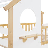 Stairway Twin-Over-Twin Bunk Bed,House Bed,Storage and Guard Rail,Natural Bed +White Stair - Home Elegance USA