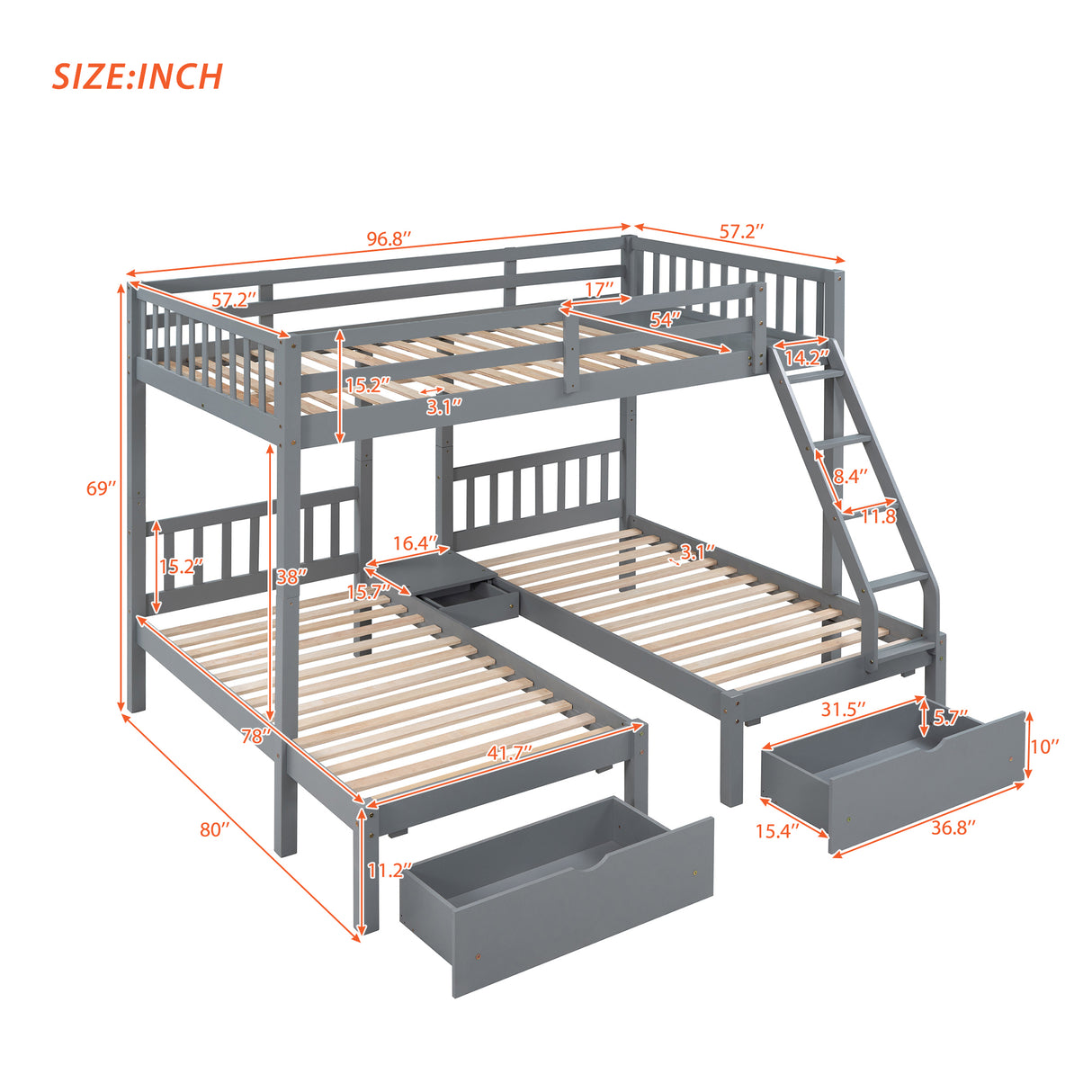 Full Over Twin & Twin Bunk Bed, Wood Triple Bunk Bed with Drawers and Guardrails, Gray (OLD SKU: LP000143AAE) - Home Elegance USA