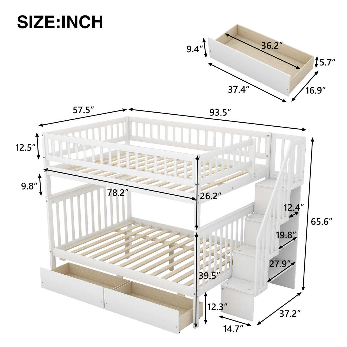 Full over Full Bunk Bed with Two Drawers and Storage, White - Home Elegance USA