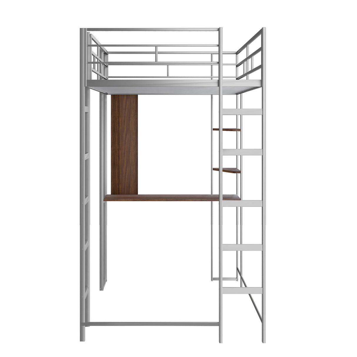 Twin Metal Loft Bed with 2 Shelves and one Desk ,Silver(Old SKU: MF281206AAN)