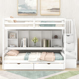 Twin XL over Full Bunk Bed with Built-in Storage Shelves, Drawers and Staircase,White - Home Elegance USA