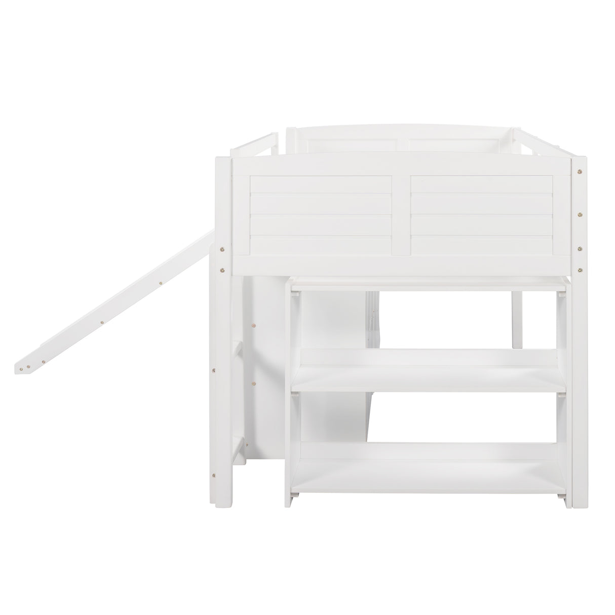 Low Twin Size Loft Bed with Cabinets, Shelves and Slide - White(OLD SKU :LP000503AAK)