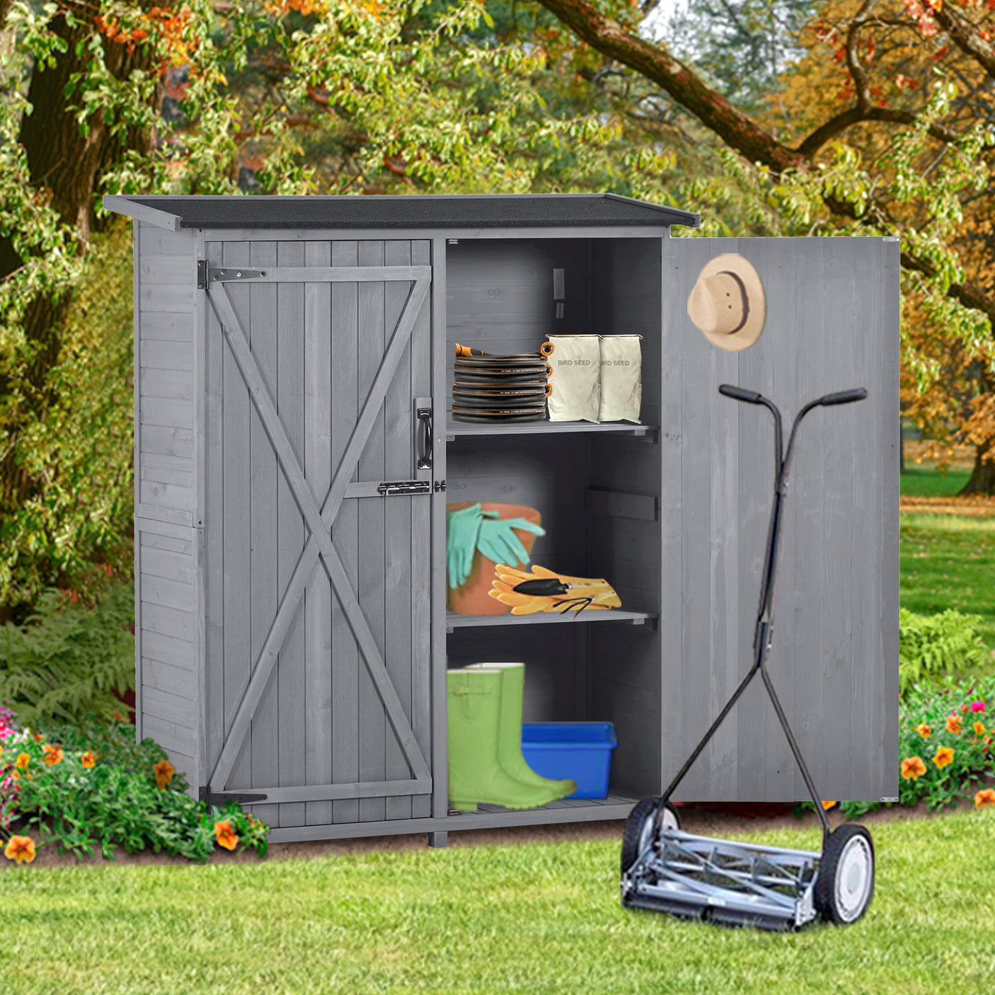 TOPMAX Outdoor 5.3ft Hx4.6ft L Wood Storage Shed Tool Organizer,Garden Shed, Storage Cabinet with Waterproof Asphalt Roof, Double Lockable Doors, 3-tier Shelves for Backyard, Gray