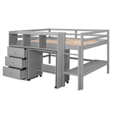 Full Size Low Loft Bed with Rolling Portable Desk, Drawers and Shelves,  Gray - Home Elegance USA