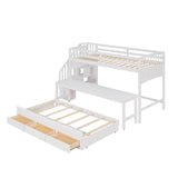 Stairway Twin XL Loft Bed with Twin Size Trundle and 3 Drawers, Storage, Desk, White - Home Elegance USA