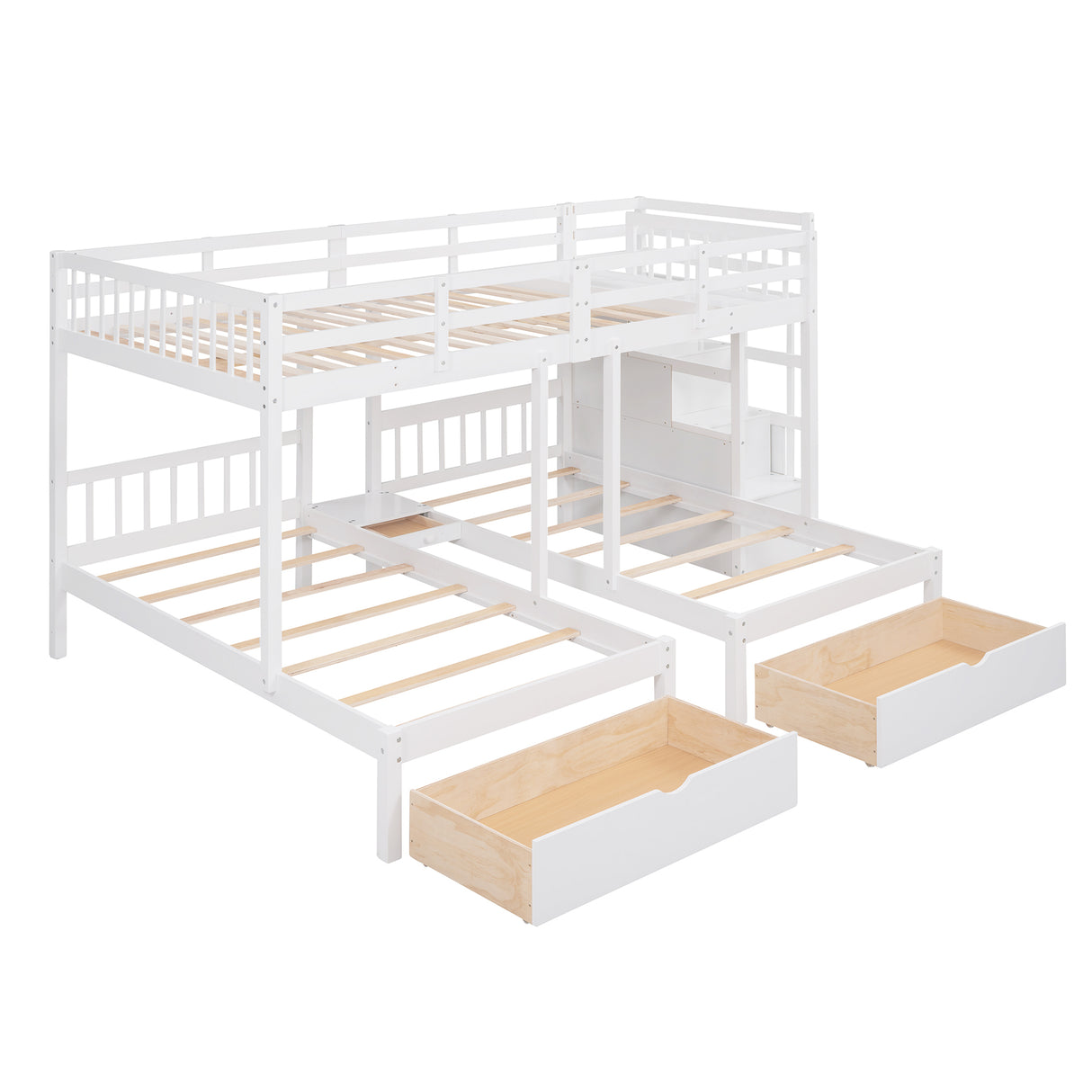 Full Over Twin & Twin Bunk Bed, Wood Triple Bunk Bed with Drawers and Guardrails (White) - Home Elegance USA