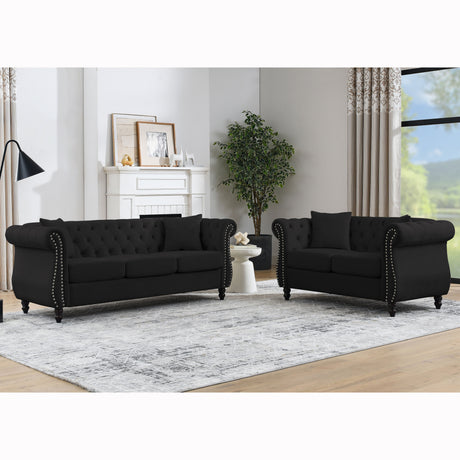 [Video] 80" Chesterfield Sofa Black Velvet for Living Room, 3 Seater Sofa Tufted Couch with Rolled Arms and Nailhead for Living Room, Bedroom, Office, Apartment, 3S+2S - Home Elegance USA