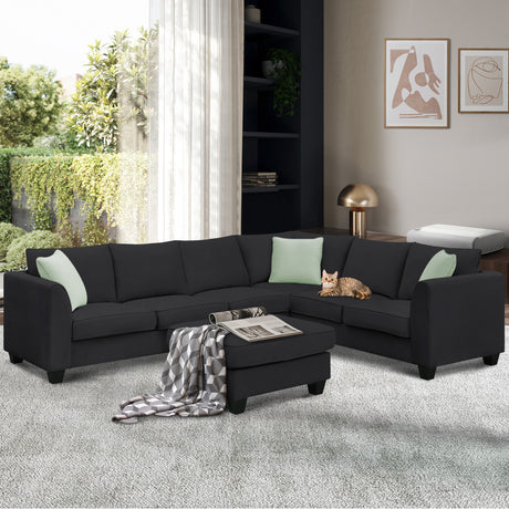 112*87" Sectional Sofa Couches Living Room Sets, 7 Seats Modular Sectional Sofa with Ottoman, L Shape Fabric Sofa Corner Couch Set with 3 Pillows, Black(New of GS008210AAB) | Home Elegance USA