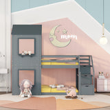 Twin Over Twin Bunk Bed with Storage Stairs,Wood Bed with Roof, Window, Guardrail, Ladder，Gray