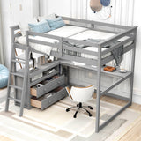 Full Size Loft Bed with Desk and Shelves,Two Built-in Drawers,Gray - Home Elegance USA