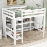 Full Size Loft Bed with Multifunction Shelves and Under-bed Desk, White - Home Elegance USA