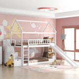 Twin Over Twin Bunk Bed with Drawers and Slide, House Bed with Slide,White(OLD SKU :LT000215AAK) - Home Elegance USA