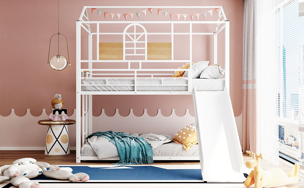 Twin Over Twin Metal Bunk Bed ,Metal Housebed With Slide,Three Colors Available.(White with White  Slide)(OLD SKU :LP000095AAK) - Home Elegance USA