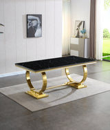 Modern Rectangular Black Marble Dining Table, 0.71" Thick Marble Top, Double U-Shape Stainless Steel Base with Gold Mirrored Finish - Home Elegance USA