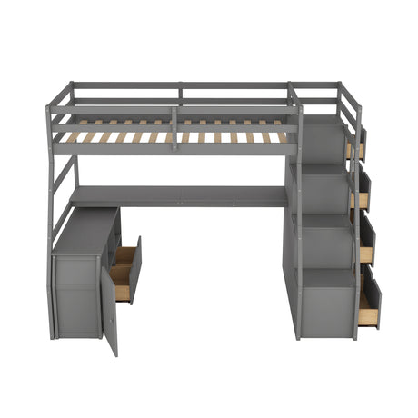 Twin Size Loft Bed with with 7 Drawers 2 Shelves and Desk - Gray