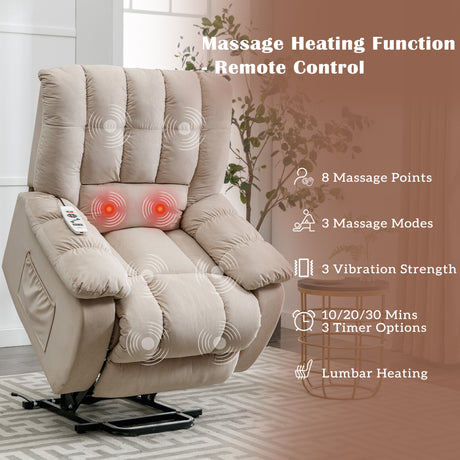 Massage Recliner Chair Electric Power Lift Recliner Chairs with Heat, Vibration, Side Pocket for Living Room Bedroom, Beige Home Elegance USA