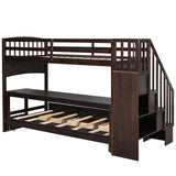 Stairway Twin XL Loft Bed with Twin Size Trundle and 3 Drawers, Storage, Desk, Espresso - Home Elegance USA