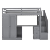 Twin Size Loft Bed with Wardrobe and Staircase, Desk and Storage Drawers and Cabinet in 1,Gray - Home Elegance USA