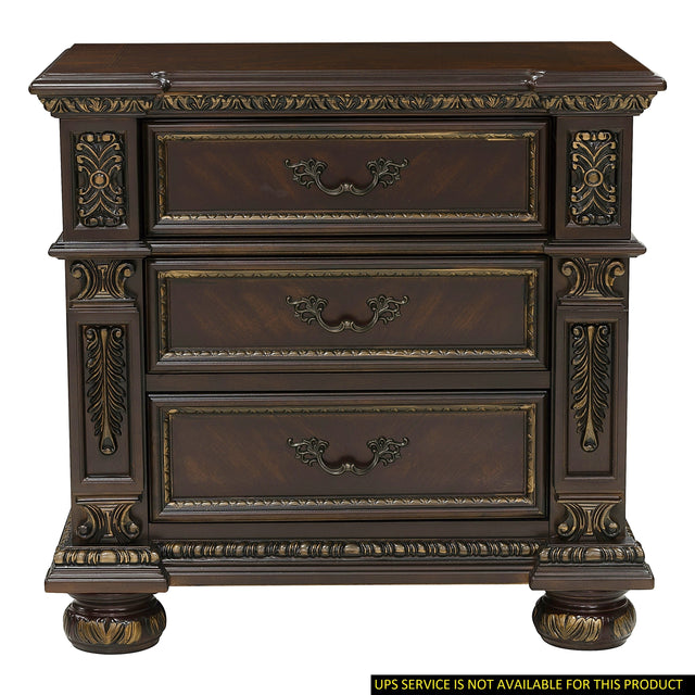 Traditional Design Dark Cherry Finish with Gold Tipping 1pc Nightstand of 3x Drawers Formal Style Bedroom Furniture - Home Elegance USA