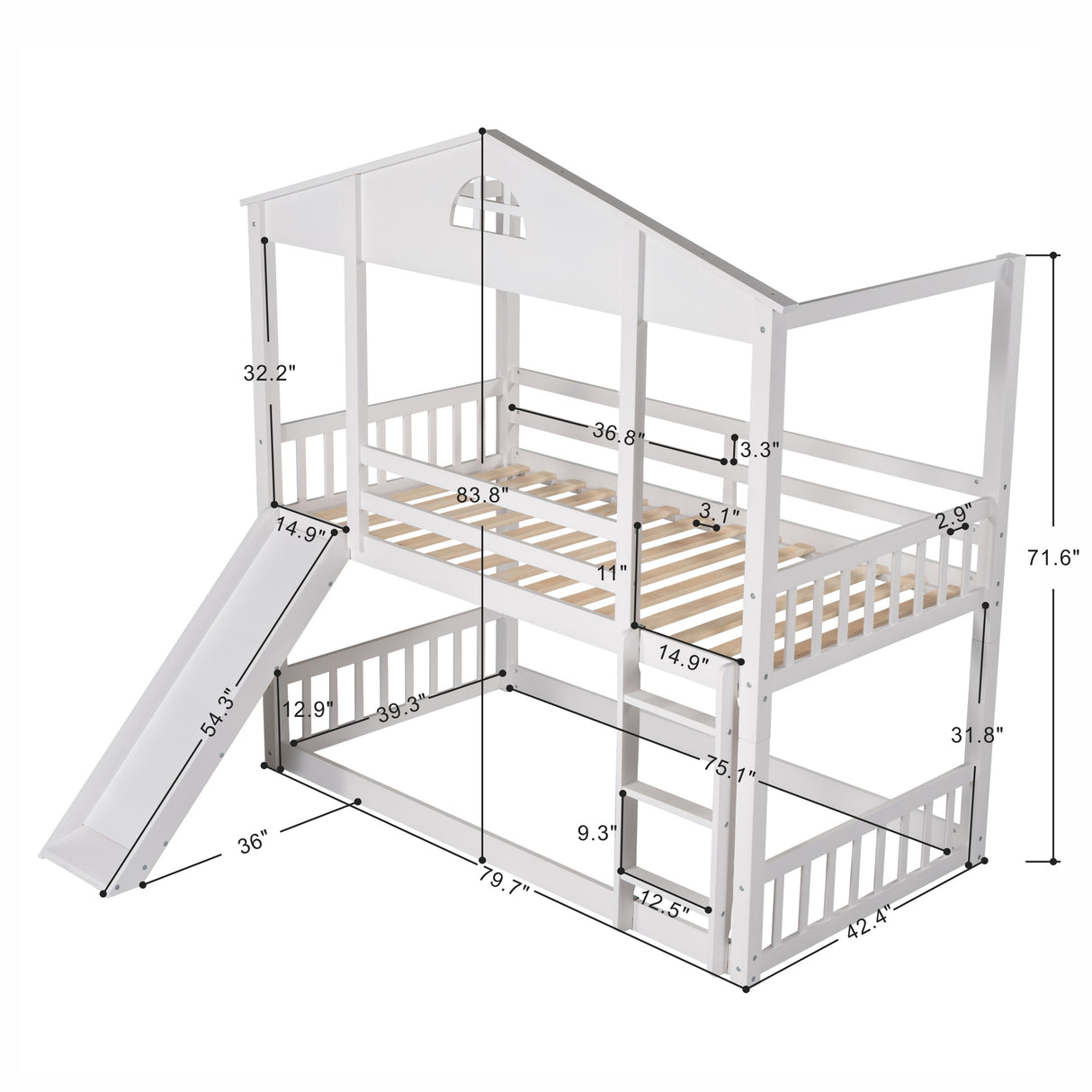 Twin over Twin House Bunk Bed with Convertible Slide and Ladder,Converts into 2 Separate Platform Beds,White - Home Elegance USA