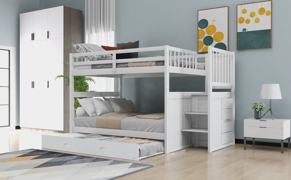 Full Over Full Bunk Bed with Twin Size Trundle (White) - Home Elegance USA