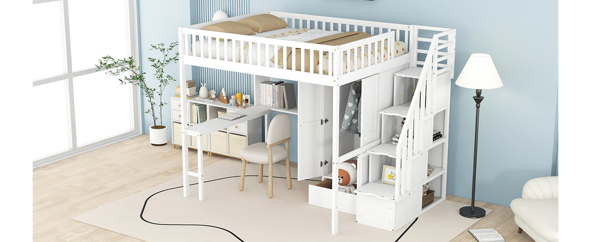 Full size Loft Bed with Bookshelf,Drawers,Desk,and Wardrobe-White - Home Elegance USA