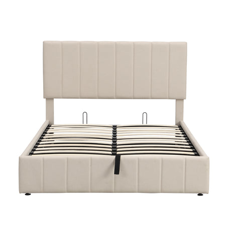 Full size Upholstered Platform bed with a Hydraulic Storage System - Beige - Home Elegance USA