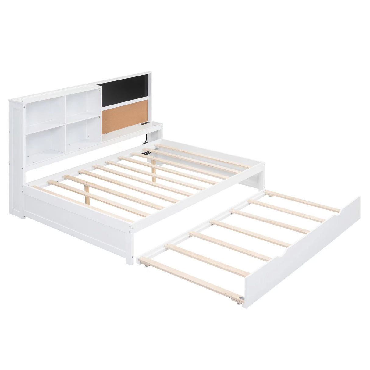 Full Size Daybed with Storage Shelves, Blackboard, Cork board, USB Ports and Twin Size Trundle, White(Expected Arrival Time: 8.2) - Home Elegance USA