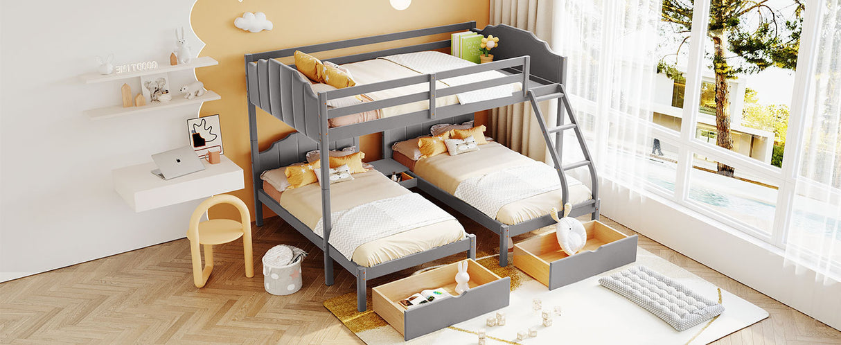 Full Over Twin & Twin Bunk Bed, Velvet Triple Bunk Bed with Drawers and Guardrails, Gray - Home Elegance USA