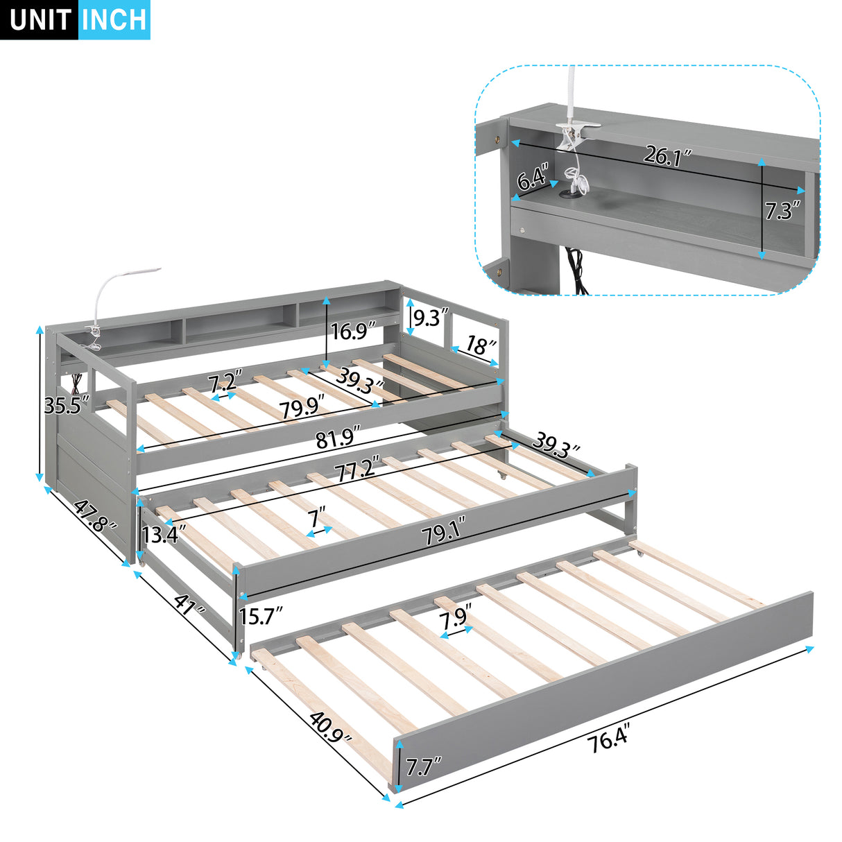 Twin XL Wood Daybed with 2 Trundles, 3 Storage Cubbies, 1 Light for Free and USB Charging Design, Gray - Home Elegance USA