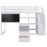 Twin Size Loft Bed with Pullable Desk and Storage Shelves,Staircase and Blackboard,White - Home Elegance USA