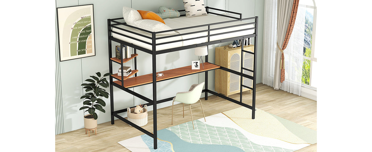 Full Metal Loft Bed with Desk and Shelve, Black - Home Elegance USA