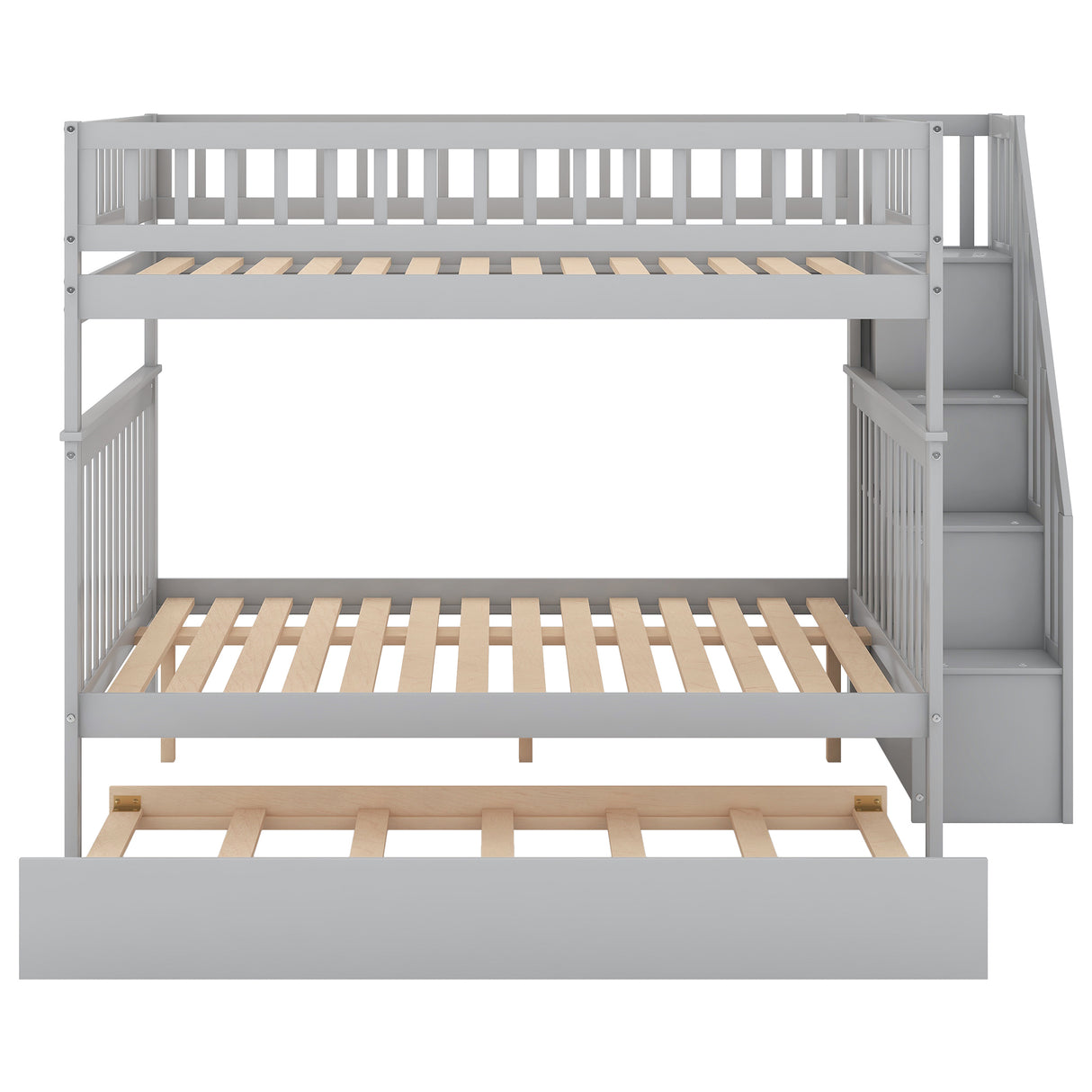 Full over Full Bunk Bed with Trundle and Staircase,Gray - Home Elegance USA