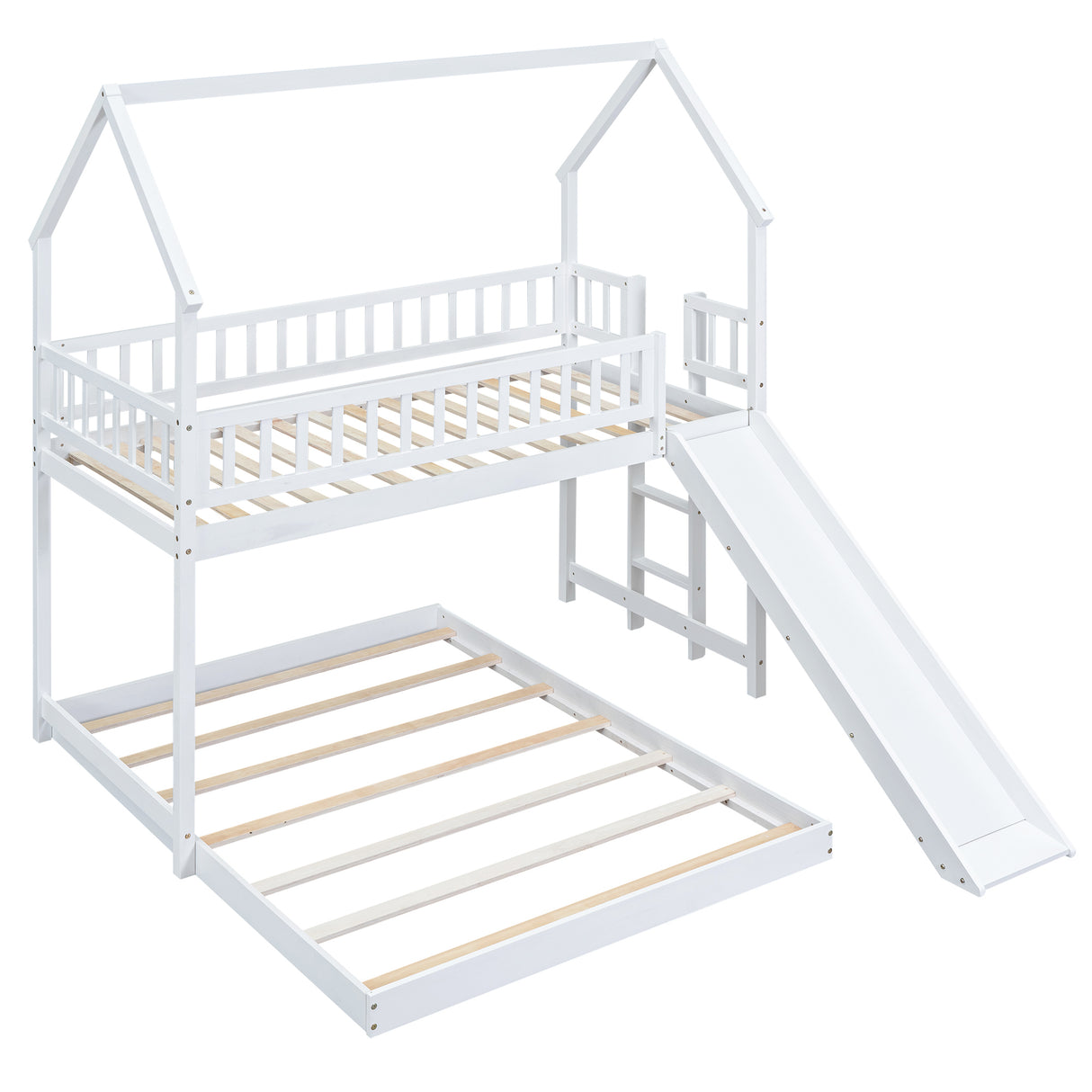 Twin over Full House Bunk Bed with Slide and Built-in Ladder, Full-Length Guardrail, White (Expected Arrival Time:8.10) - Home Elegance USA