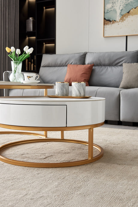 Coffee Tables for Living Room, Round Nesting Coffee Table Set of 2, Center Table with Faux Marble Table Top, Golden Frame, Modern Side End Tables with Storage Open Shelf, Easy to Assemble, White - Home Elegance USA
