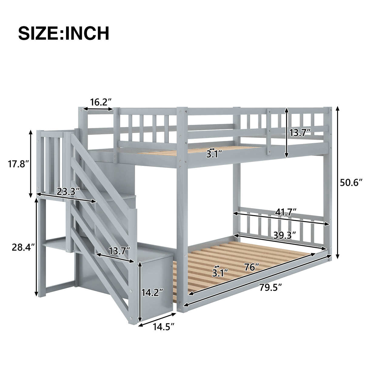 Twin over Twin Floor Bunk Bed, Ladder with Storage, Gray - Home Elegance USA