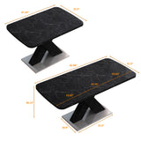 Modern Square Dining Table,Stretchable,Printed Black Marble Table Top+MDF X-Shape Table Leg with Metal Base - Home Elegance USA