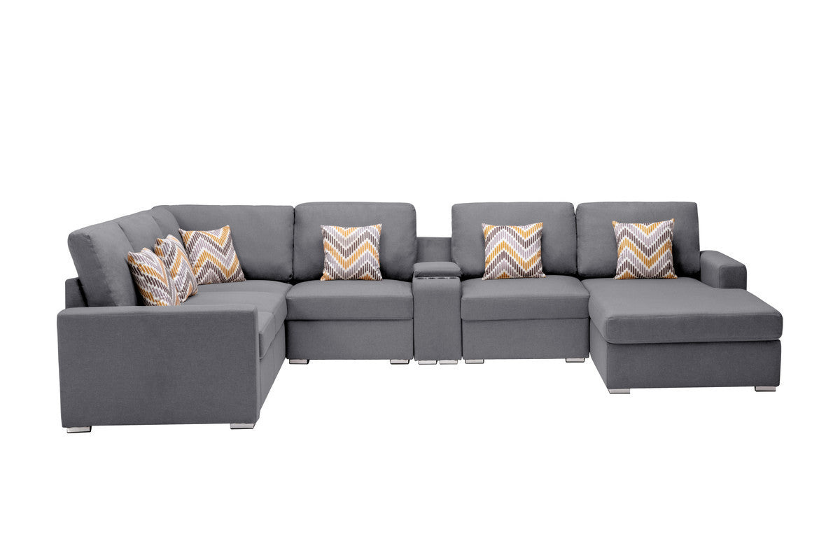 Nolan Gray Linen Fabric 7Pc Reversible Chaise Sectional Sofa with a USB, Charging Ports, Cupholders, Storage Console Table and Pillows and Interchangeable Legs - Home Elegance USA