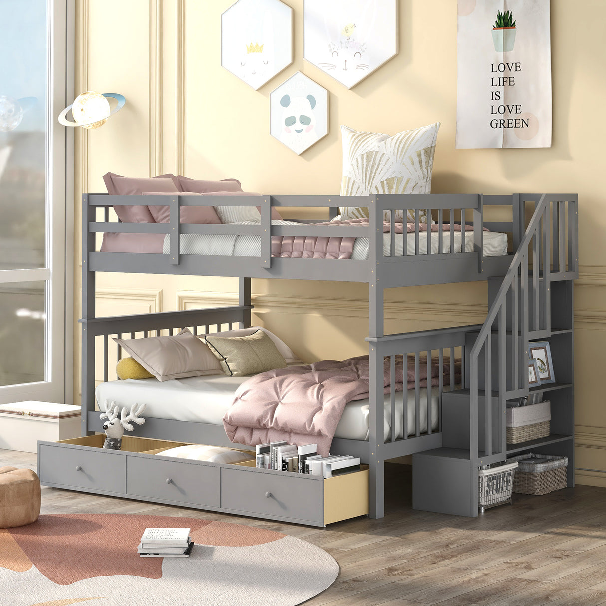 Stairway Full-Over-Full Bunk Bed with Drawer, Storage and Guard Rail for Bedroom, Gray color( old sku: LP000310AAE ) - Home Elegance USA