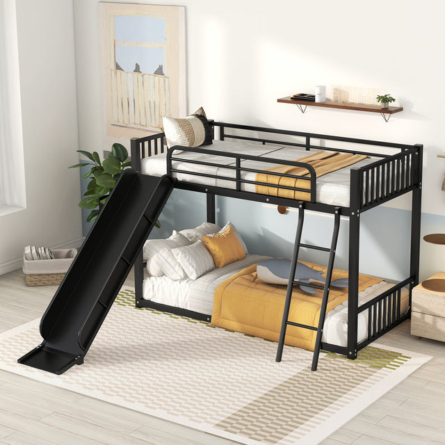 Metal Bunk Bed with Slide, Twin over Twin, Black - Home Elegance USA