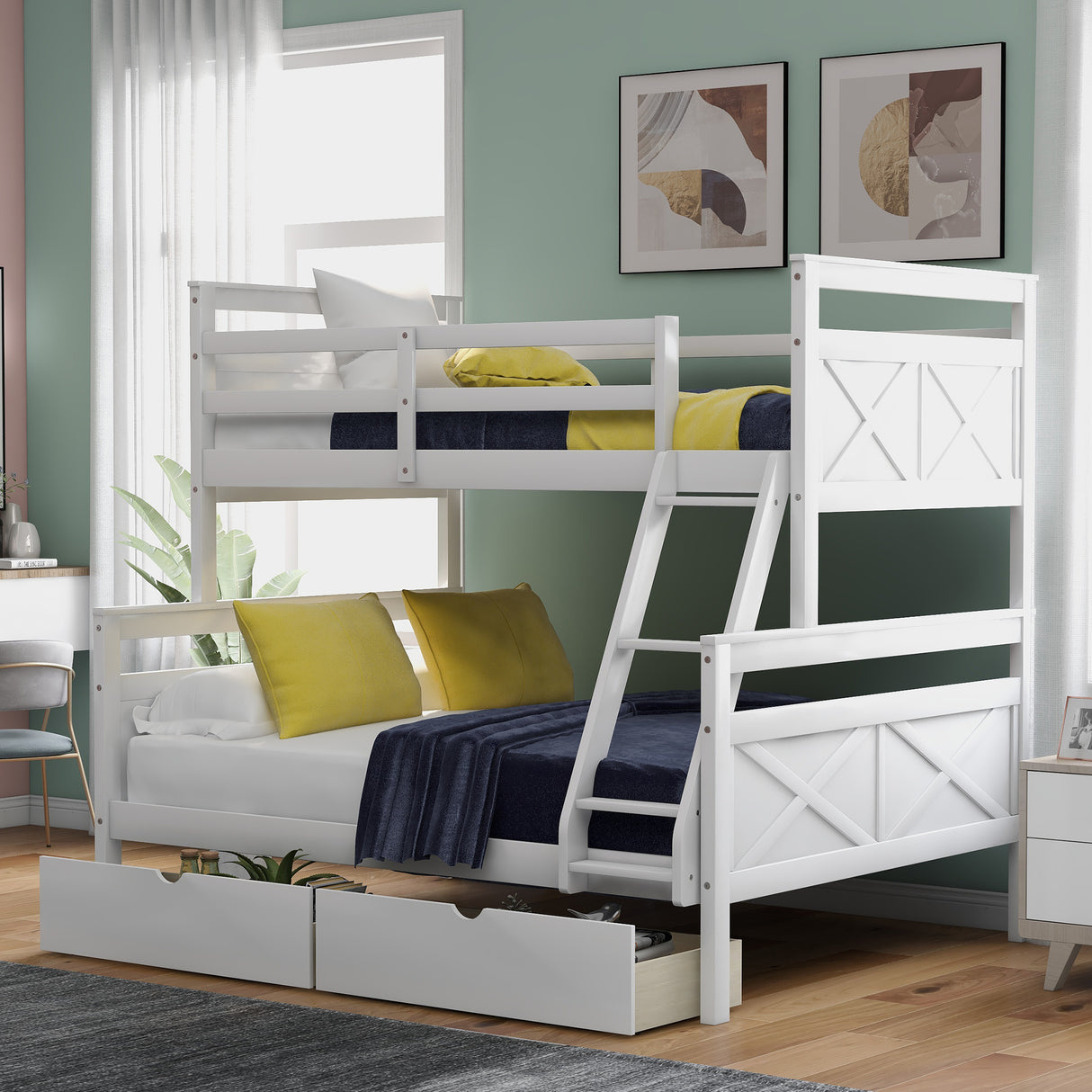 Twin over Full Bunk Bed with Ladder, Two Storage Drawers, Safety Guardrail, White - Home Elegance USA